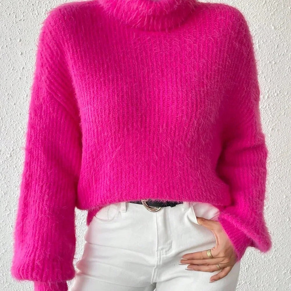 Hot Pink Casual Women's Turtleneck Drop Shoulder Fuzzy Sweater - Picture 5 of 6